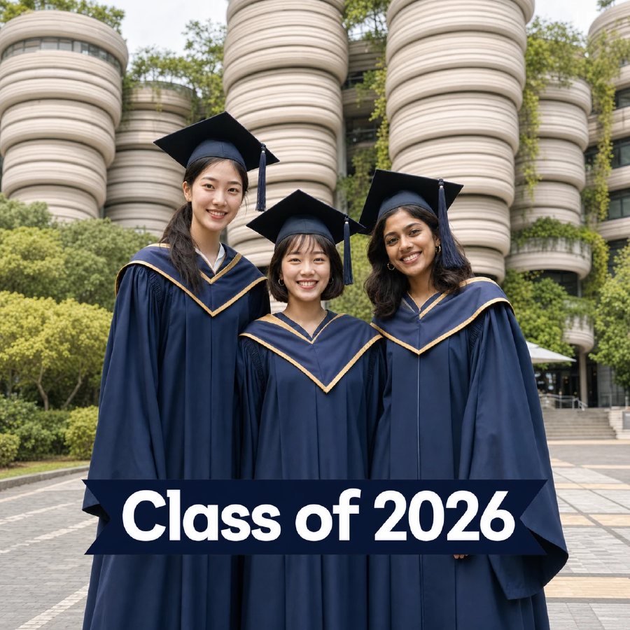 Graduation medallion idea featuring two Chinese women and one Indian woman in NTU-style academic dress at The Hive with the caption Class of 2026